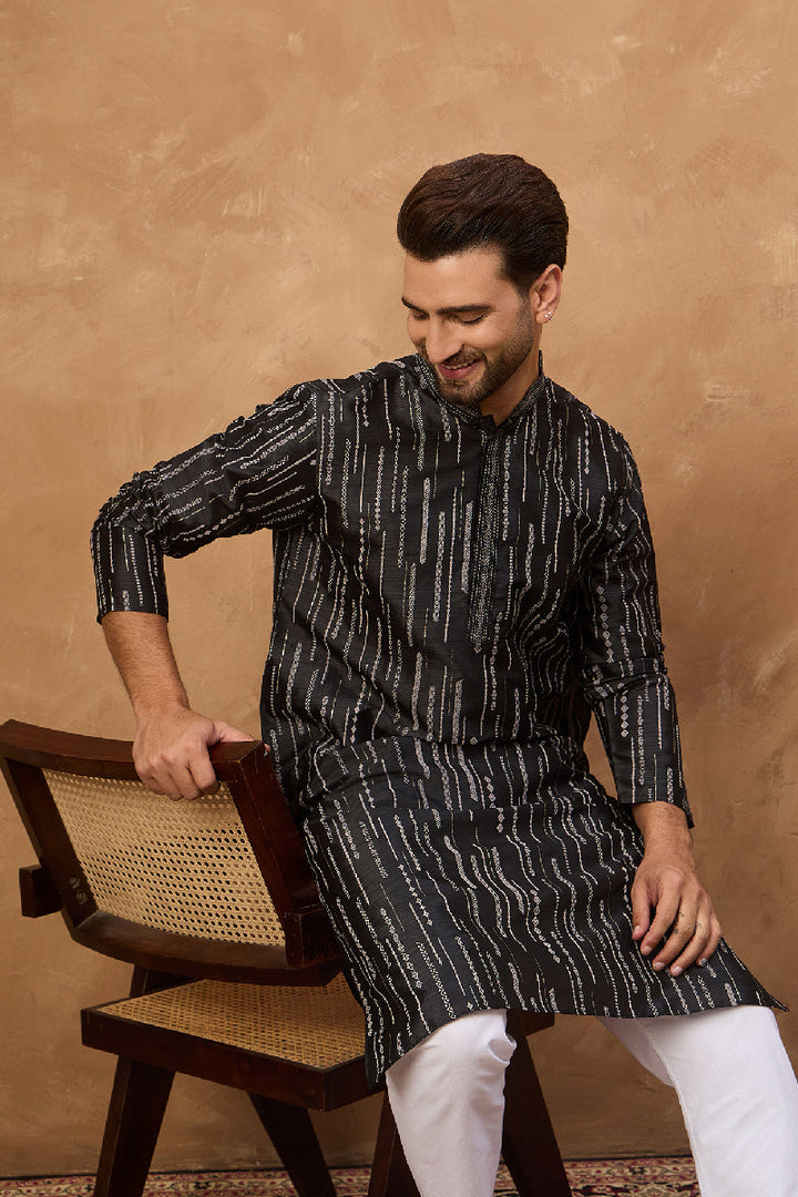 Black Silk Blend Geometric Printed Straight Kurta With Pant Set | SHOBITAM