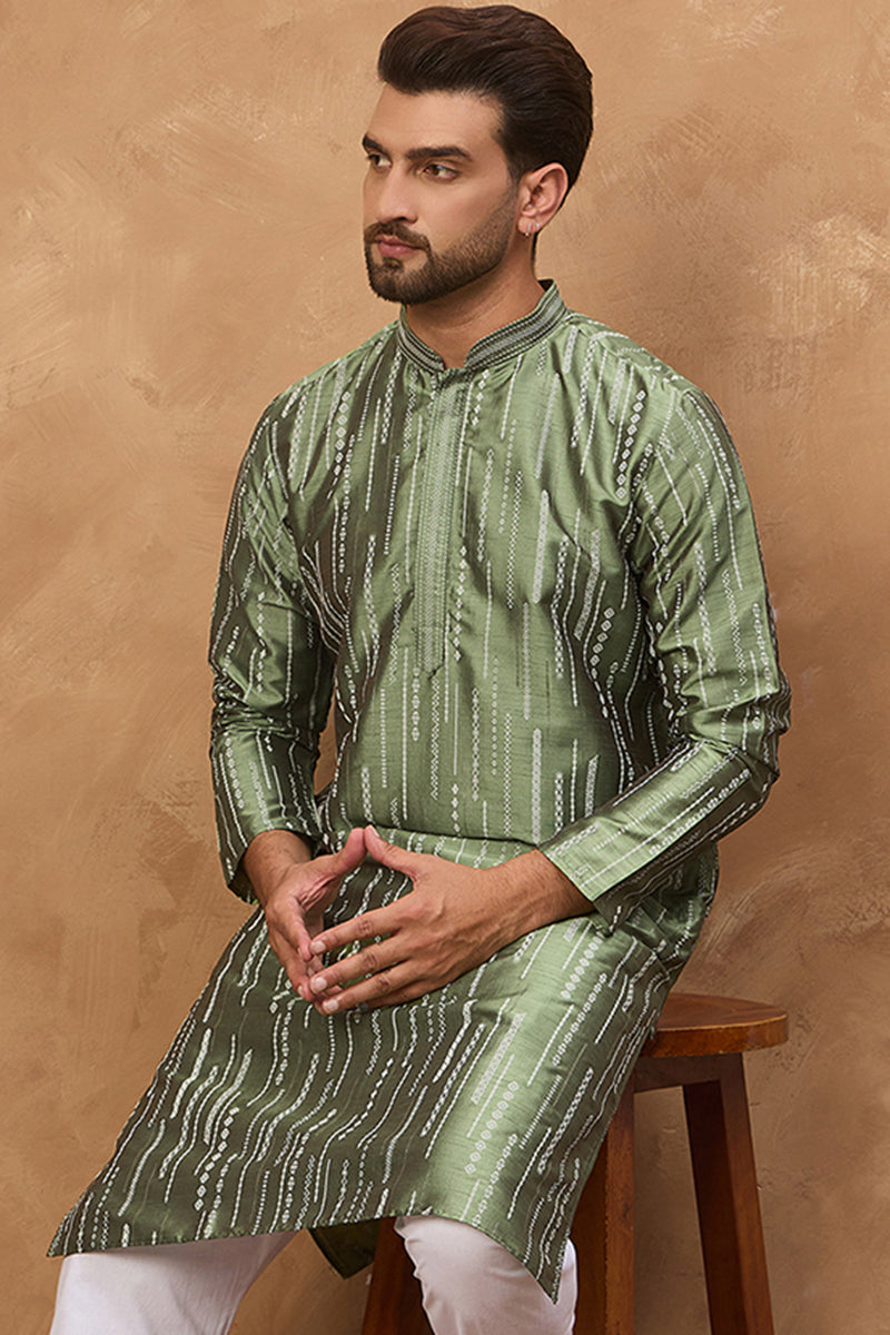 Green Silk Blend Geometric Embroidered Straight Kurta  | SHOBITAM