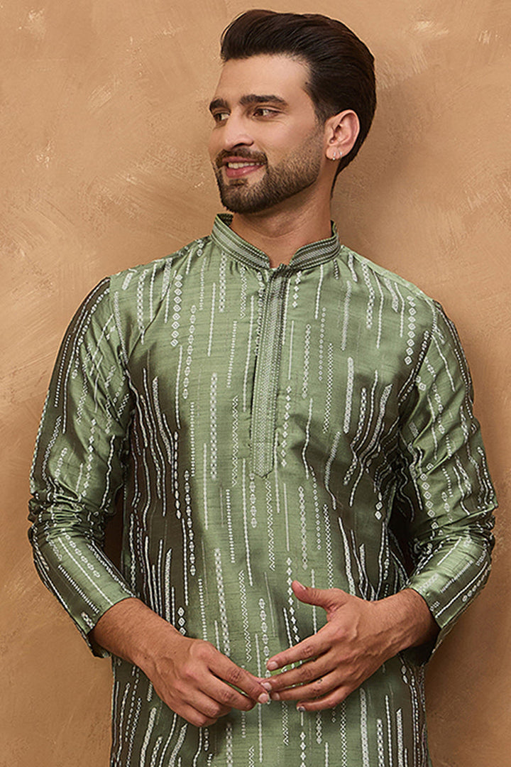 Green Silk Blend Geometric Embroidered Straight Kurta  | SHOBITAM