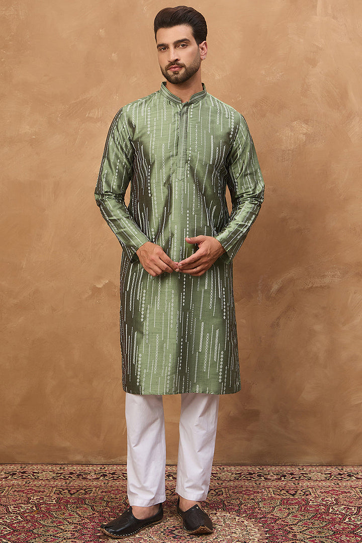 Green Silk Blend Geometric Embroidered Straight Kurta  | SHOBITAM