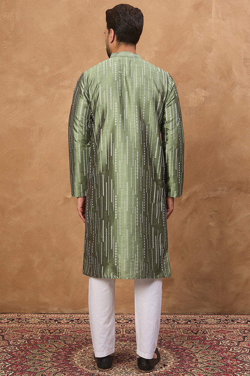 Green Silk Blend Geometric Embroidered Straight Kurta  | SHOBITAM