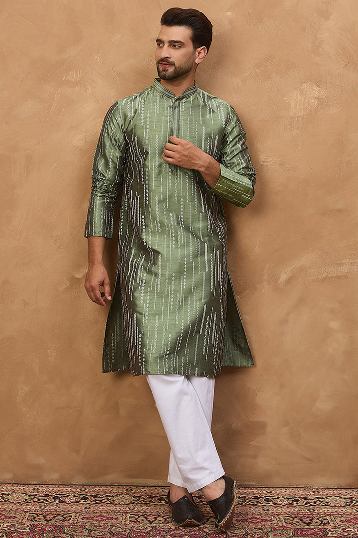 Green Silk Blend Geometric Embroidered Straight Kurta  | SHOBITAM