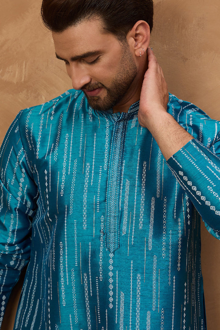 Blue Silk Blend Geometric Printed Straight Kurta With Pant Set | SHOBITAM