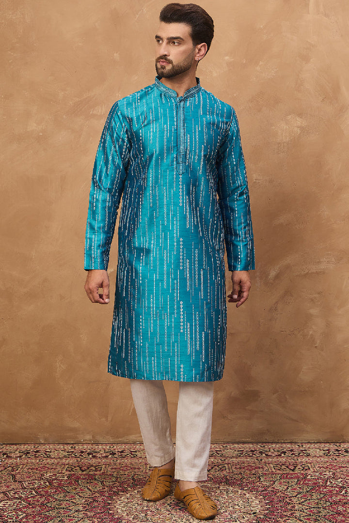 Blue Silk Blend Geometric Printed Straight Kurta With Pant Set | SHOBITAM