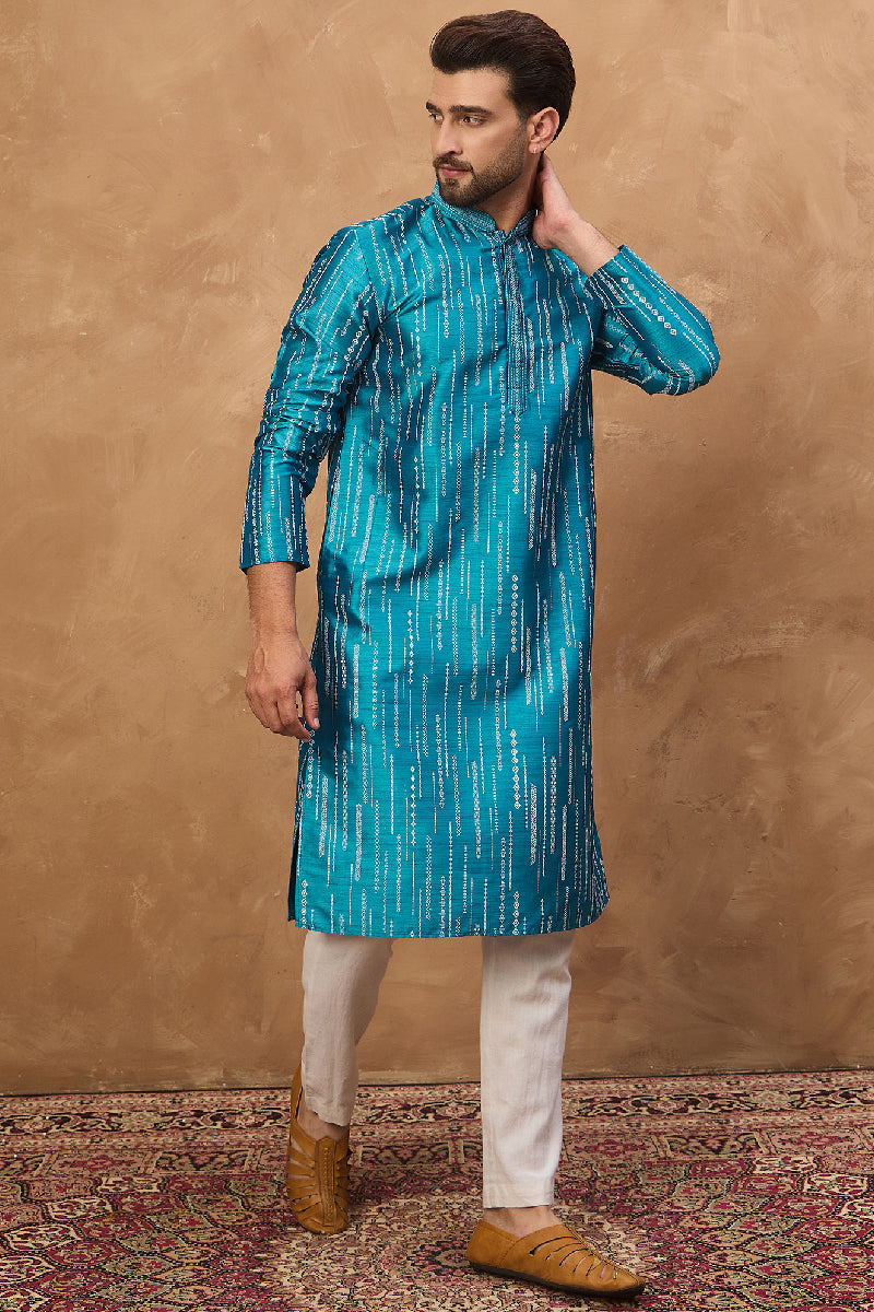Blue Silk Blend Geometric Printed Straight Kurta With Pant Set | SHOBITAM