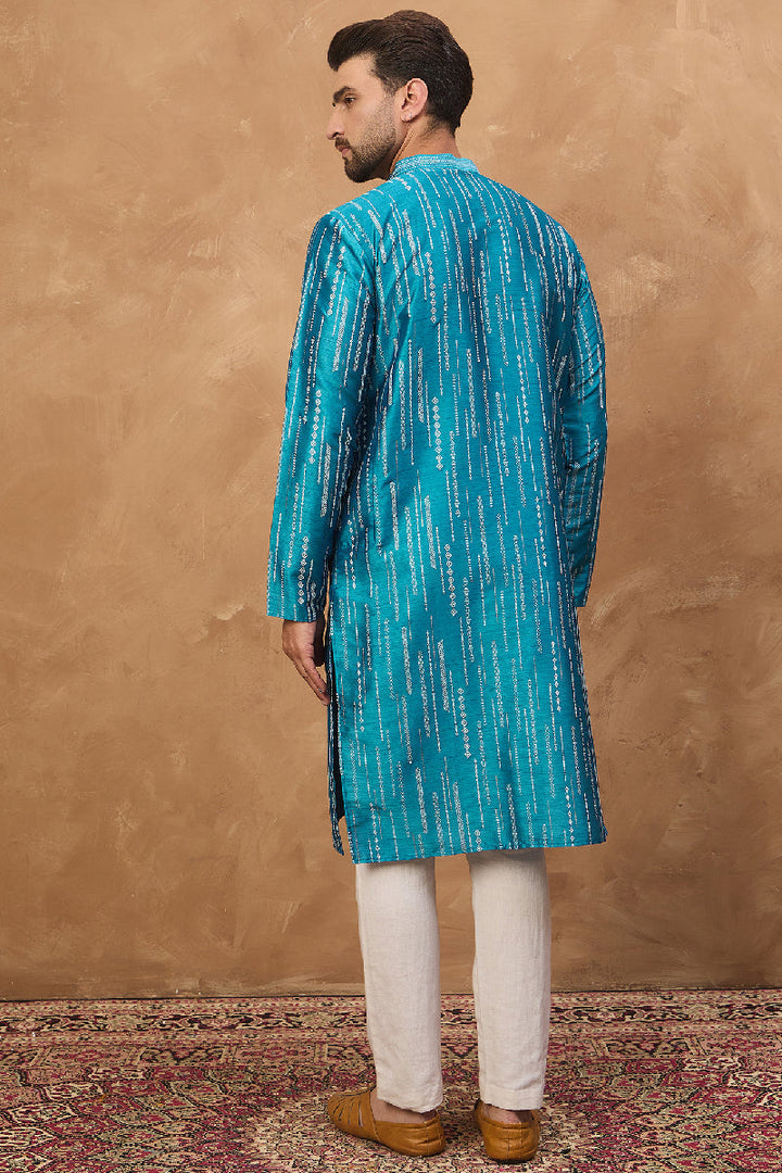Blue Silk Blend Geometric Printed Straight Kurta With Pant Set | SHOBITAM
