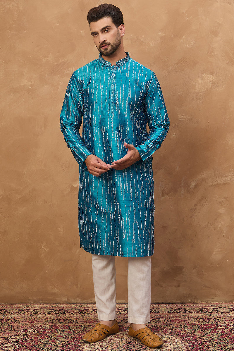 Blue Silk Blend Geometric Printed Straight Kurta With Pant Set | SHOBITAM