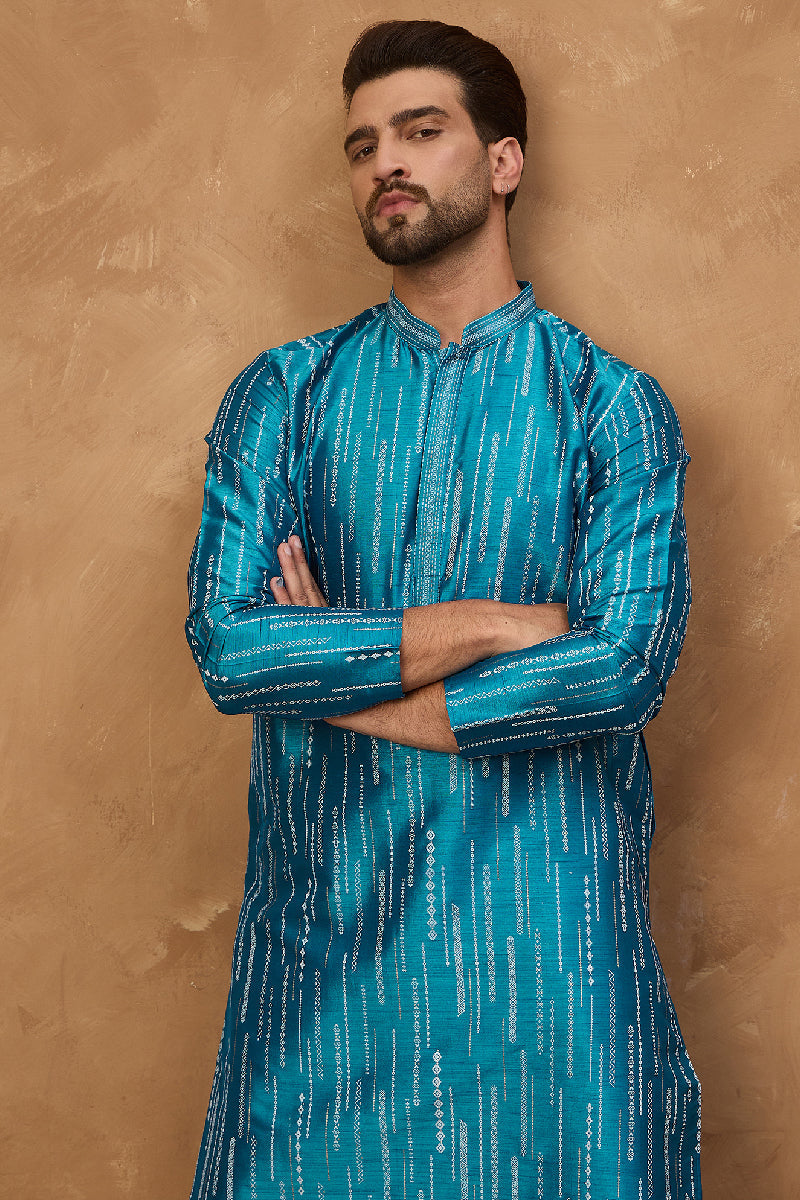 Blue Silk Blend Geometric Printed Straight Kurta With Pant Set | SHOBITAM