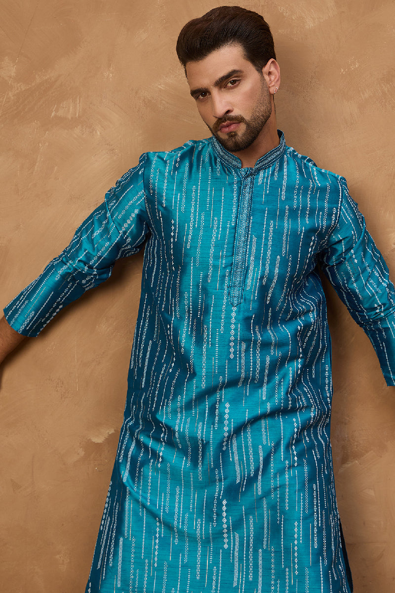 Blue Silk Blend Geometric Printed Straight Kurta With Pant Set | SHOBITAM