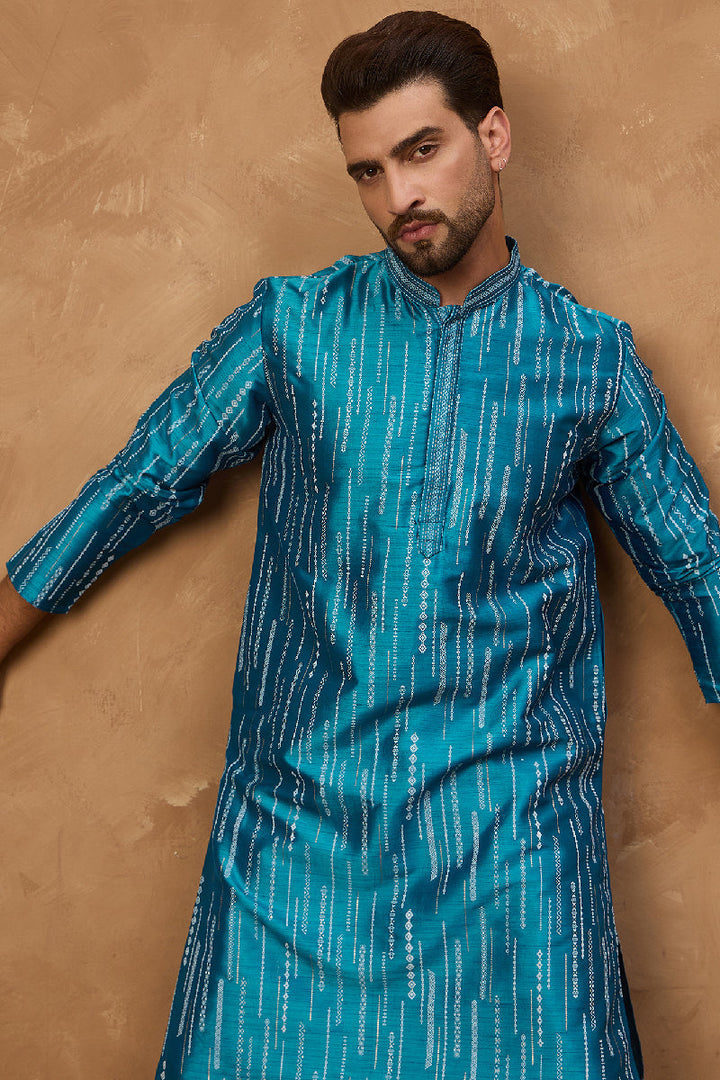 Blue Silk Blend Geometric Printed Straight Kurta With Pant Set | SHOBITAM