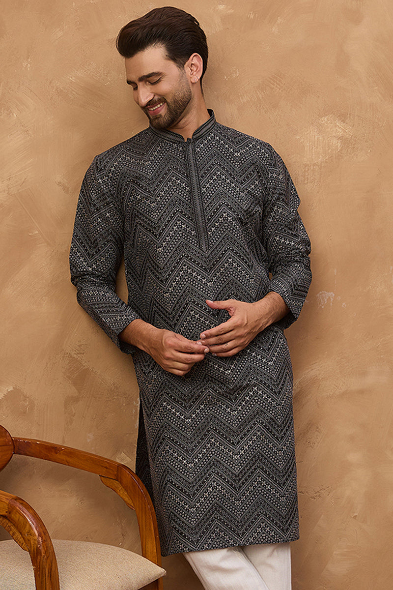 Black Silk Blend Geometric Printed Straight Kurta With Pant Set | SHOBITAM
