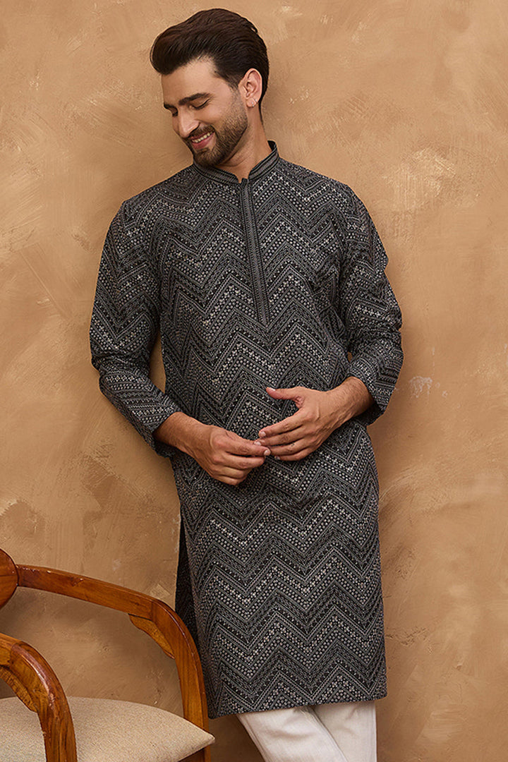 Black Silk Blend Geometric Printed Straight Kurta With Pant Set | SHOBITAM