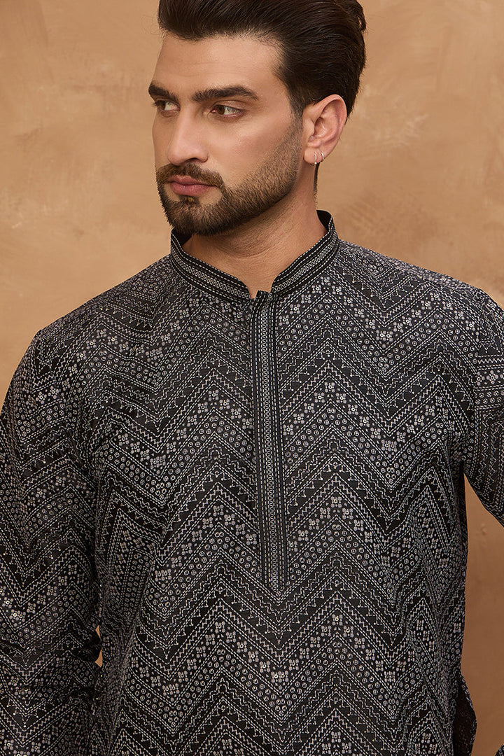 Black Silk Blend Geometric Printed Straight Kurta | SHOBITAM