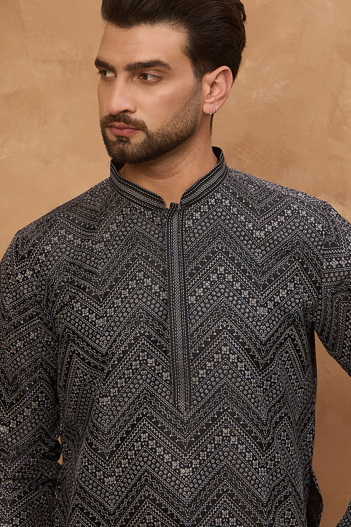 Black Silk Blend Geometric Printed Straight Kurta With Pant Set | SHOBITAM