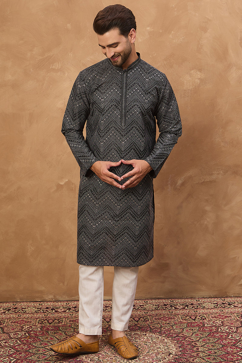 Black Silk Blend Geometric Printed Straight Kurta | SHOBITAM