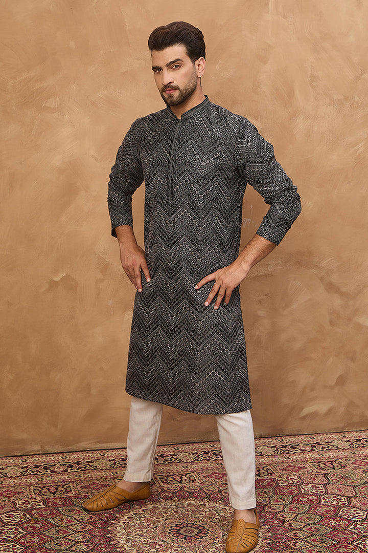 Black Silk Blend Geometric Printed Straight Kurta | SHOBITAM