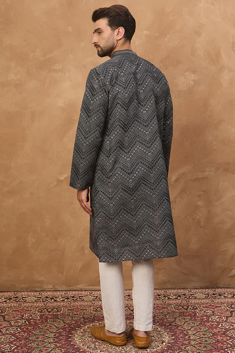 Black Silk Blend Geometric Printed Straight Kurta With Pant Set | SHOBITAM