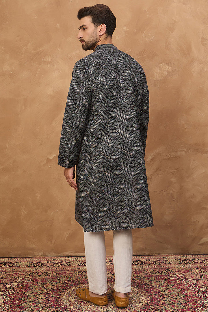 Black Silk Blend Geometric Printed Straight Kurta | SHOBITAM