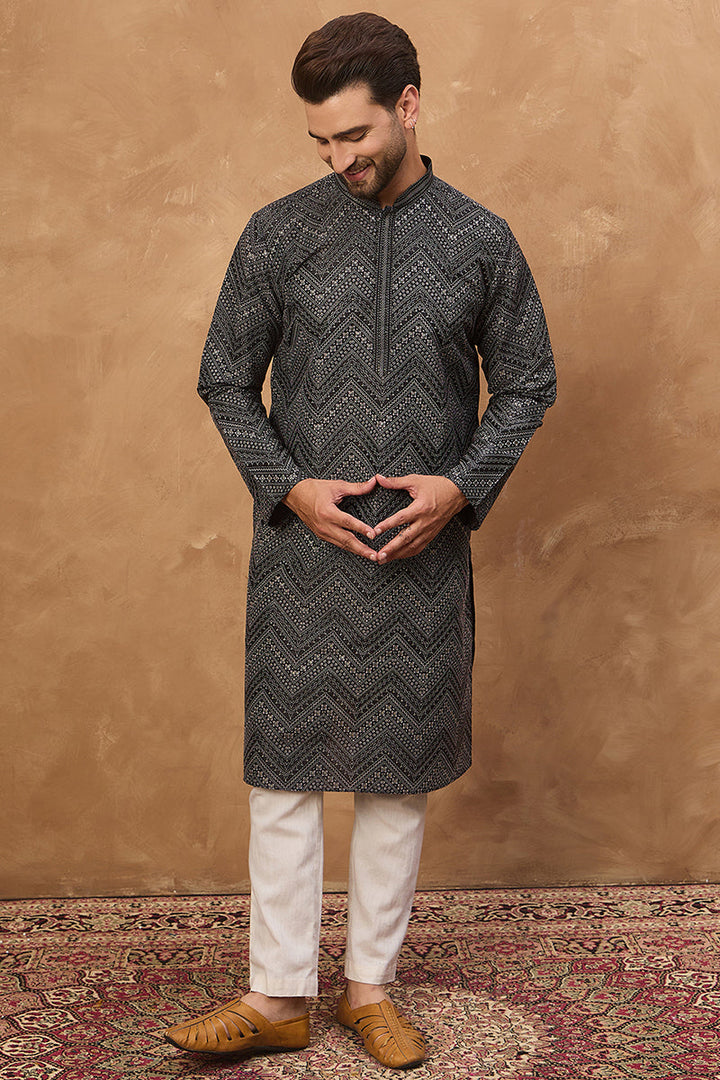 Black Silk Blend Geometric Printed Straight Kurta With Pant Set | SHOBITAM