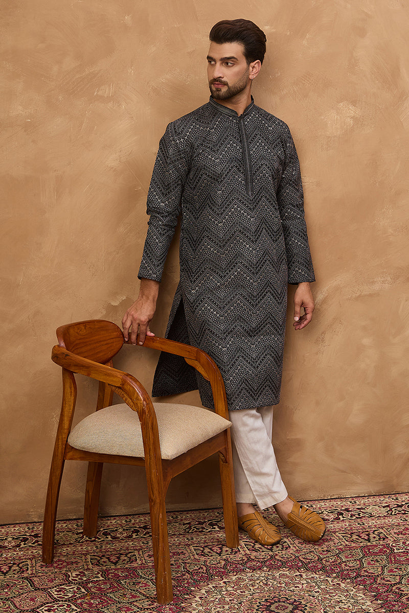 Black Silk Blend Geometric Printed Straight Kurta | SHOBITAM