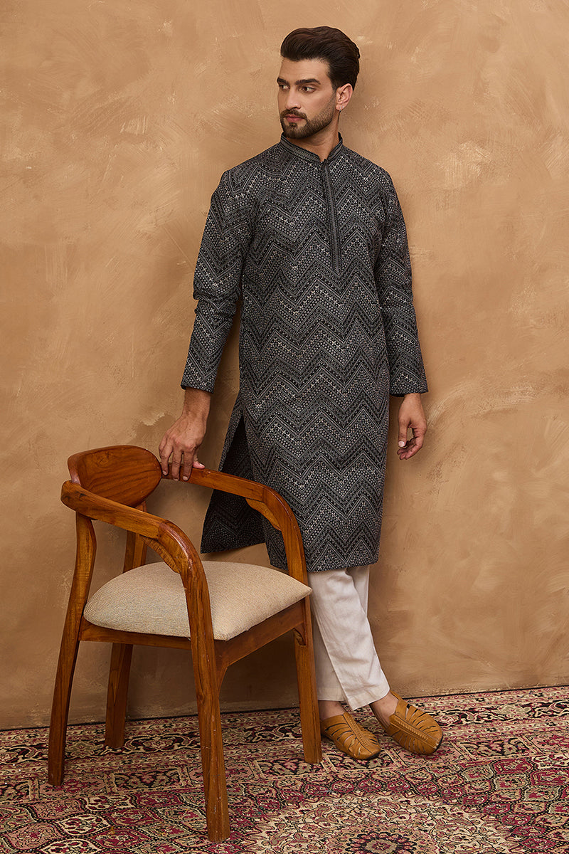 Black Silk Blend Geometric Printed Straight Kurta With Pant Set | SHOBITAM