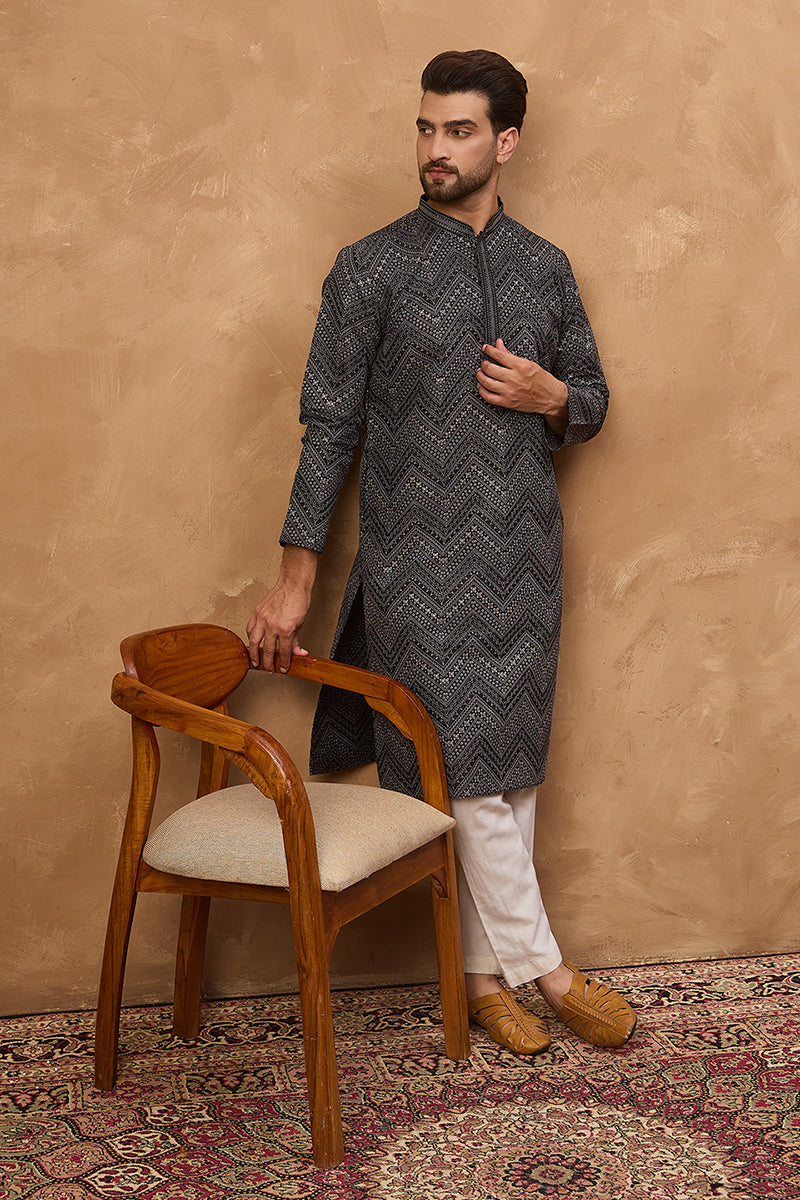 Black Silk Blend Geometric Printed Straight Kurta | SHOBITAM