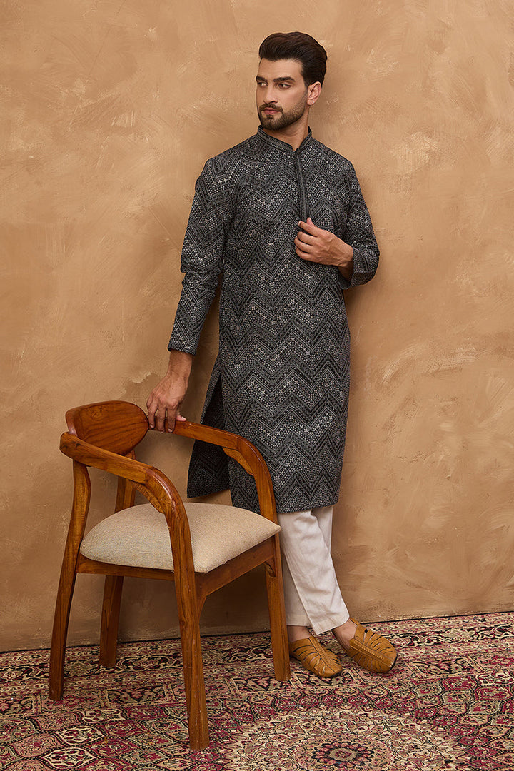 Black Silk Blend Geometric Printed Straight Kurta With Pant Set | SHOBITAM