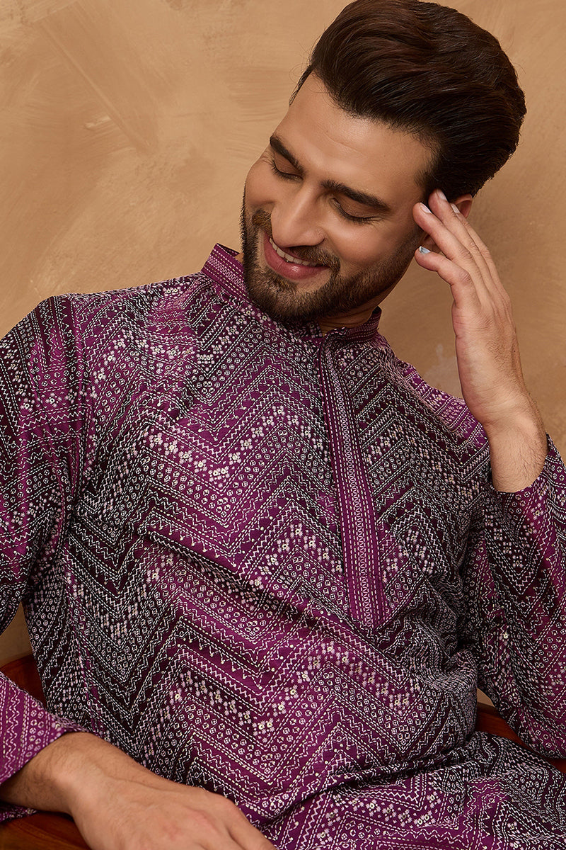 Purple Silk Blend Geometric Printed Straight Kurta  | SHOBITAM