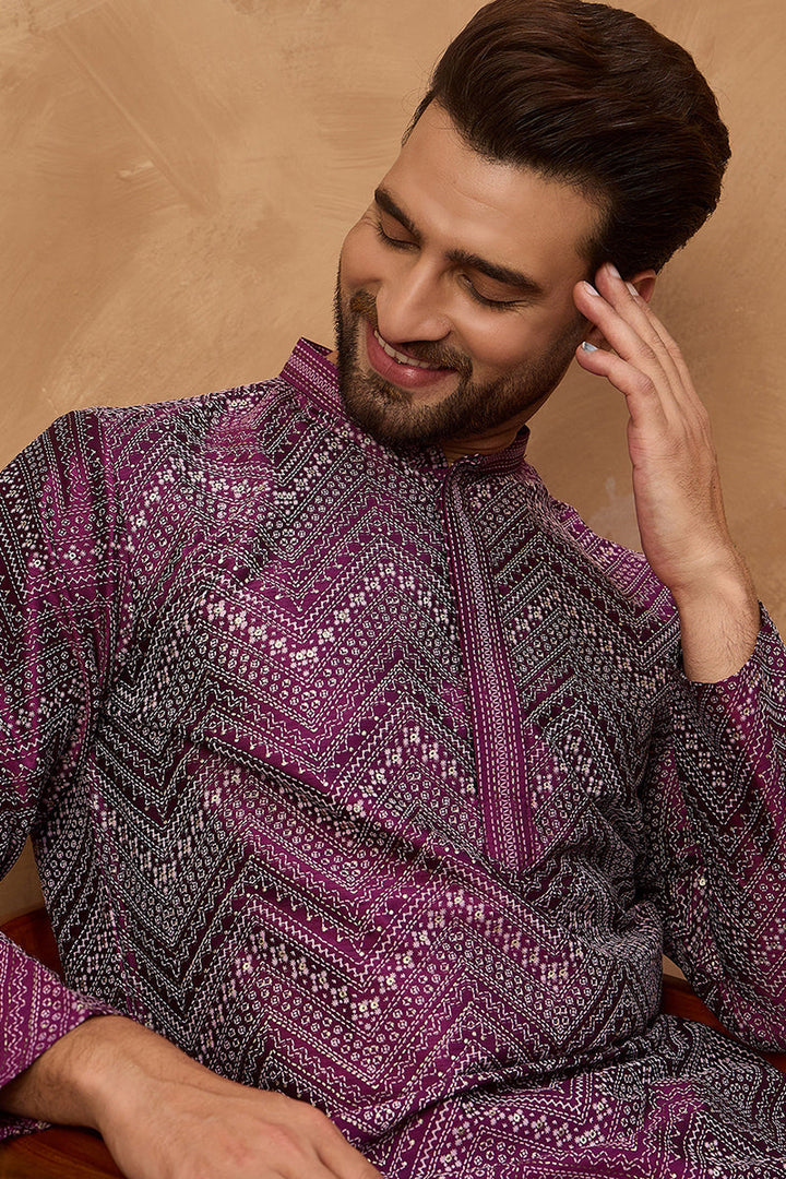 Purple Silk Blend Geometric Printed Straight Kurta  | SHOBITAM