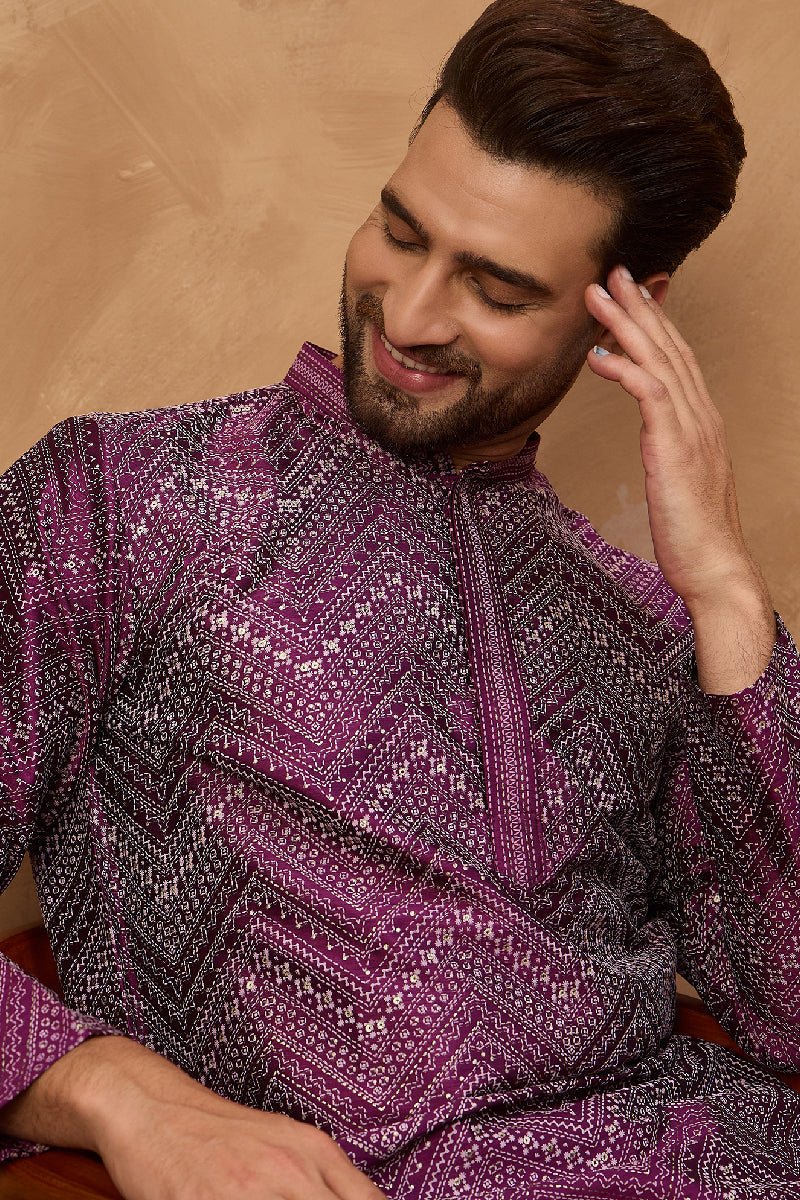 Purple Silk Blend Geometric Printed Straight Kurta With Pant Set | SHOBITAM
