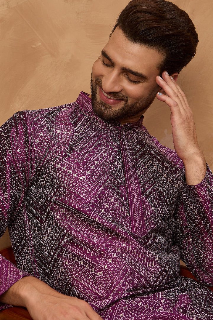 Purple Silk Blend Geometric Printed Straight Kurta With Pant Set | SHOBITAM