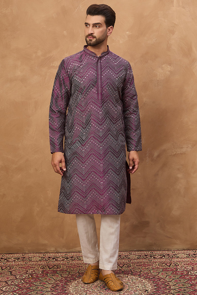 Purple Silk Blend Geometric Printed Straight Kurta  | SHOBITAM