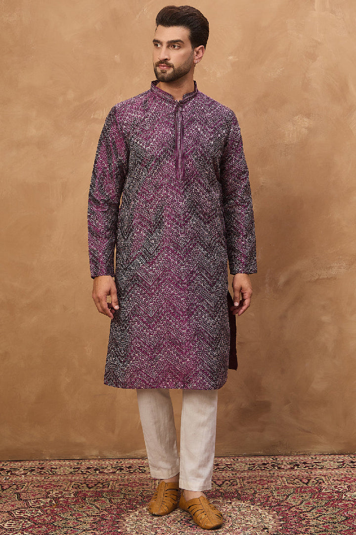 Purple Silk Blend Geometric Printed Straight Kurta With Pant Set | SHOBITAM