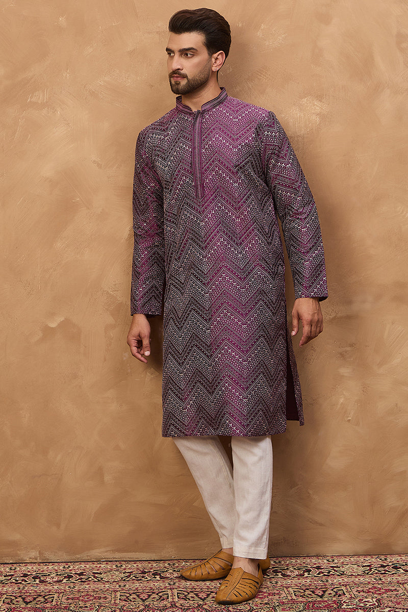 Purple Silk Blend Geometric Printed Straight Kurta  | SHOBITAM