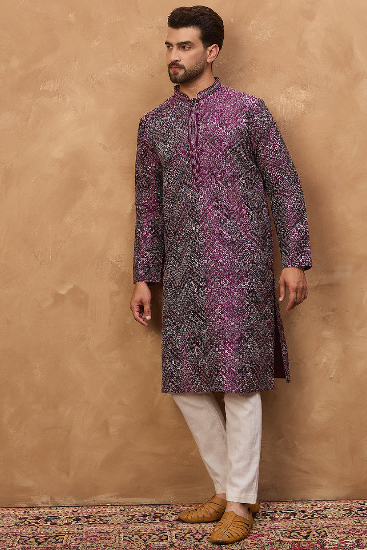 Purple Silk Blend Geometric Printed Straight Kurta With Pant Set | SHOBITAM