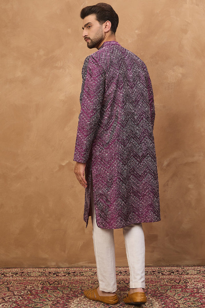 Purple Silk Blend Geometric Printed Straight Kurta With Pant Set | SHOBITAM
