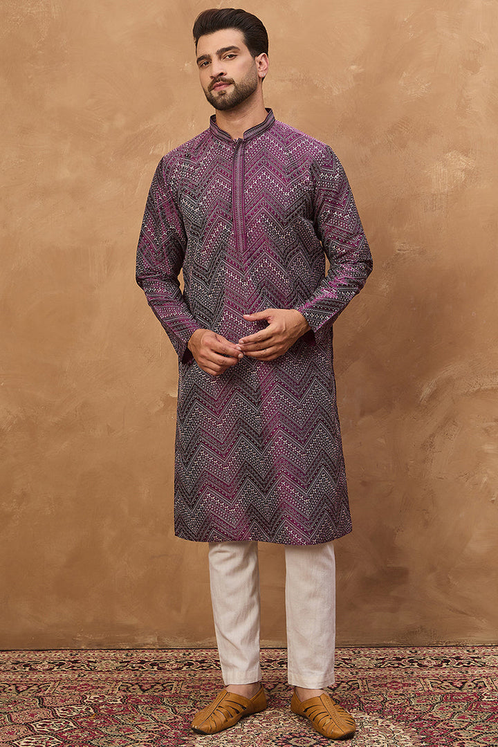 Purple Silk Blend Geometric Printed Straight Kurta  | SHOBITAM