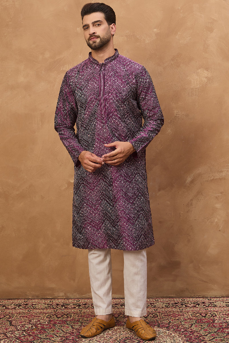 Purple Silk Blend Geometric Printed Straight Kurta With Pant Set | SHOBITAM