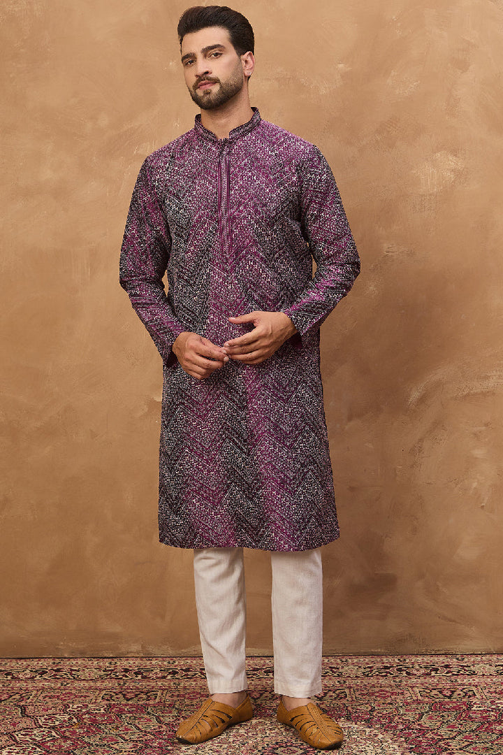 Purple Silk Blend Geometric Printed Straight Kurta With Pant Set | SHOBITAM