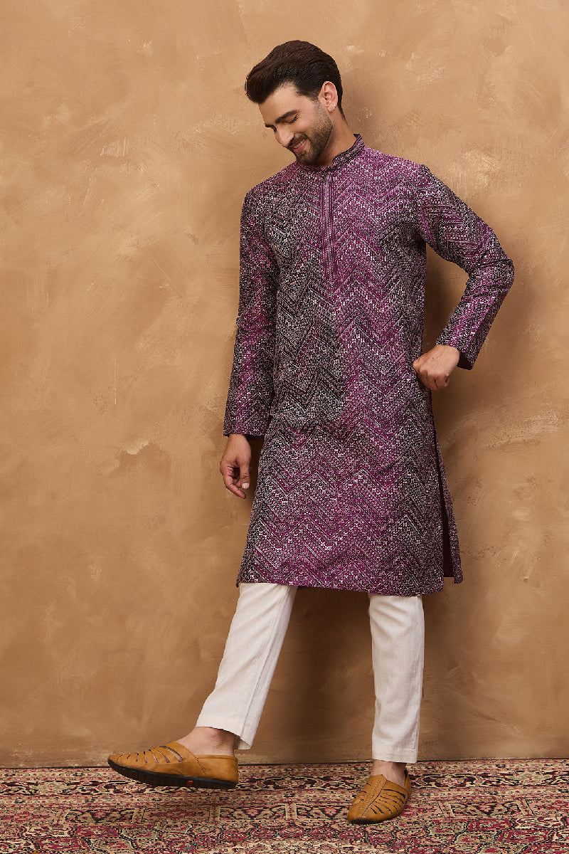 Purple Silk Blend Geometric Printed Straight Kurta With Pant Set | SHOBITAM