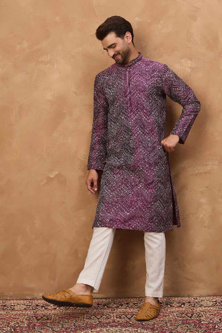 Purple Silk Blend Geometric Printed Straight Kurta With Pant Set | SHOBITAM