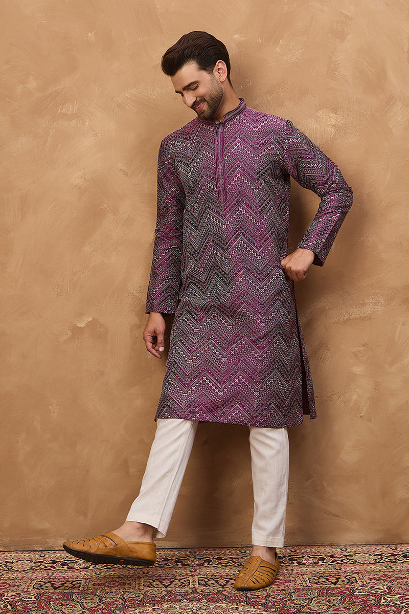 Purple Silk Blend Geometric Printed Straight Kurta  | SHOBITAM