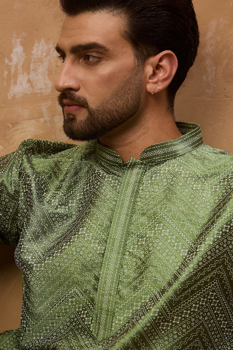 Green Silk Blend Geometric Printed Straight Kurta With Pant Set | SHOBITAM