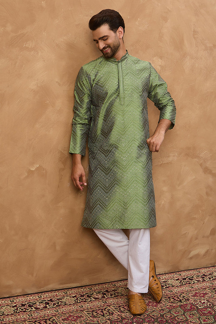 Green Silk Blend Geometric Printed Straight Kurta | SHOBITAM