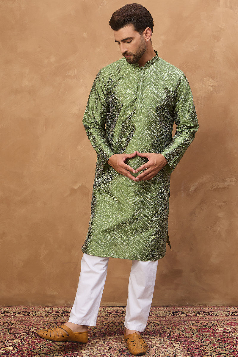 Green Silk Blend Geometric Printed Straight Kurta With Pant Set | SHOBITAM