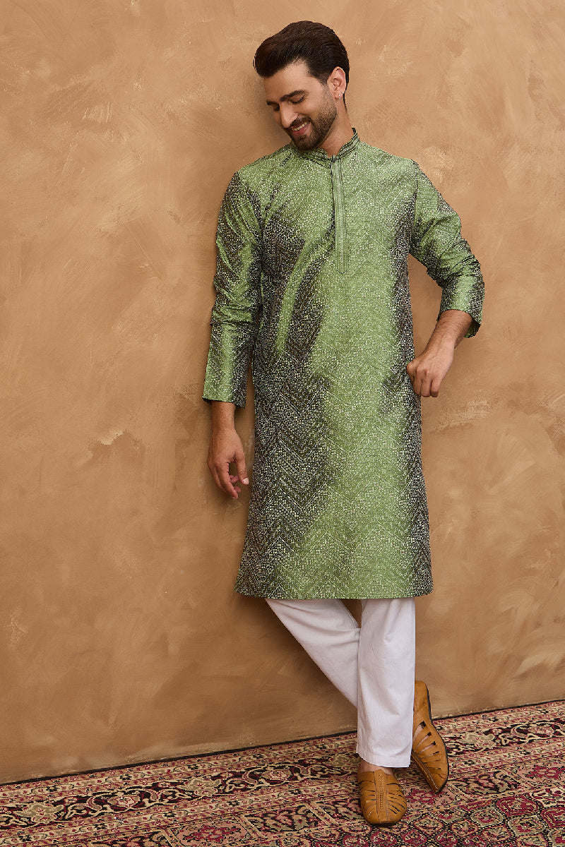 Green Silk Blend Geometric Printed Straight Kurta With Pant Set | SHOBITAM