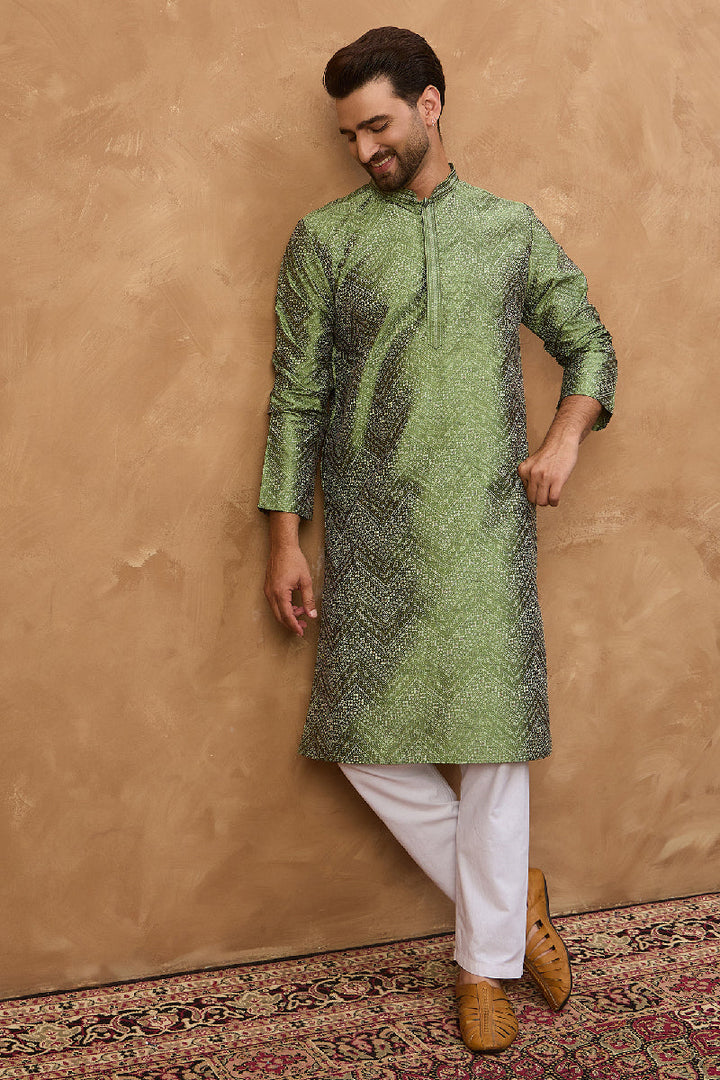 Green Silk Blend Geometric Printed Straight Kurta With Pant Set | SHOBITAM