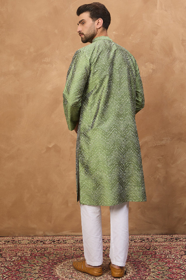 Green Silk Blend Geometric Printed Straight Kurta With Pant Set | SHOBITAM