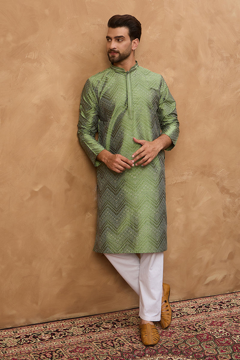Green Silk Blend Geometric Printed Straight Kurta | SHOBITAM