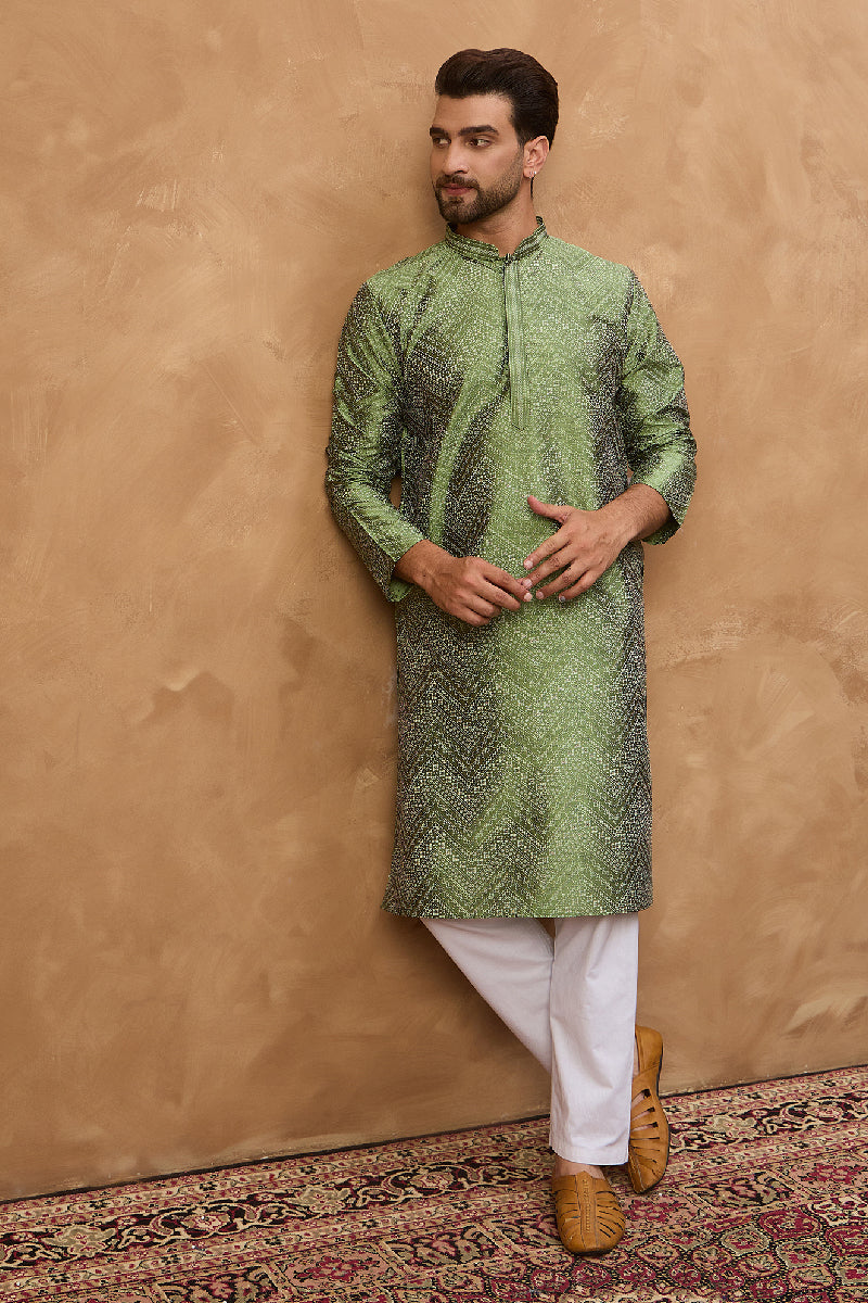 Green Silk Blend Geometric Printed Straight Kurta With Pant Set | SHOBITAM